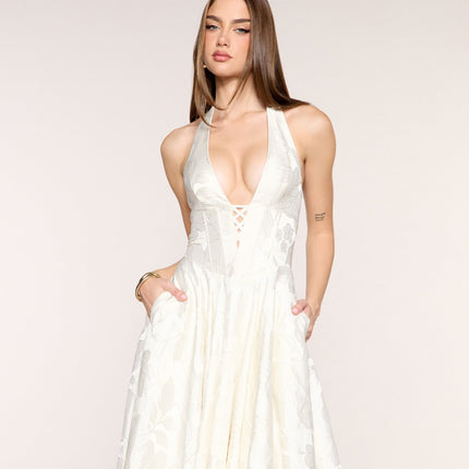 Windsor Greta Floral Jacquard Lace-Up Midi Dress