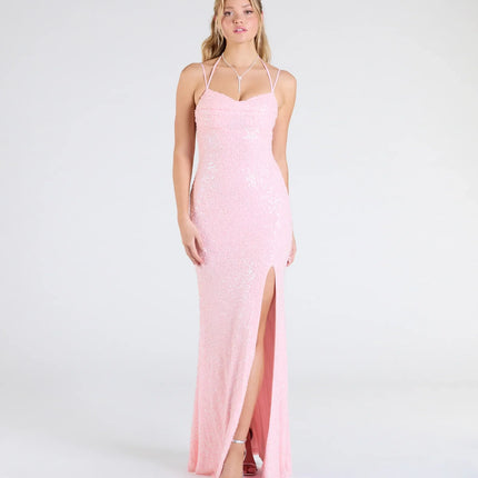 Windsor Kaitlyn Cowl Neck Slit Beaded Sequin Formal Dress