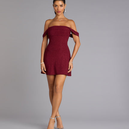 Windsor Classic Glitz Glitter Knit Off-The-Shoulder Mini Dress