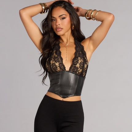 Windsor Midnight Mood Lace and Faux Leather Corset Top