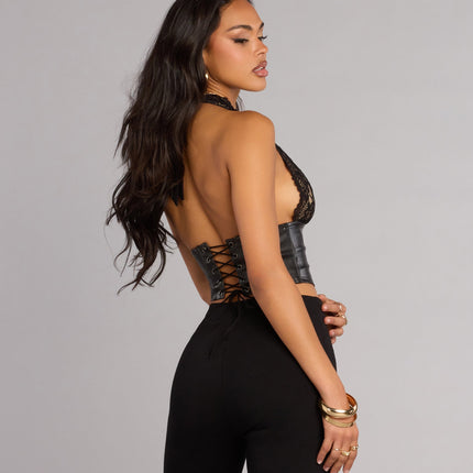 Windsor Midnight Mood Lace and Faux Leather Corset Top