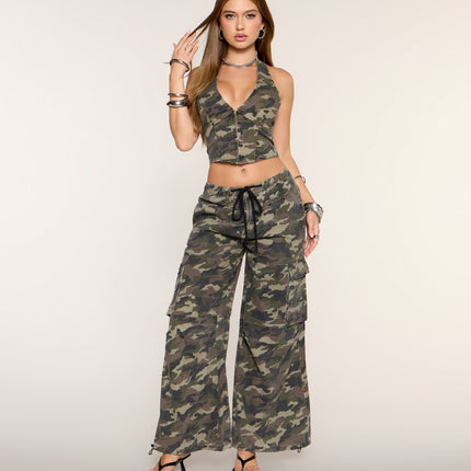 Windsor She's Bold Camo Lace-Up Halter Top