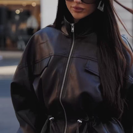 Windsor City-Bound Faux Leather Cinched Waist Bomber Jacket